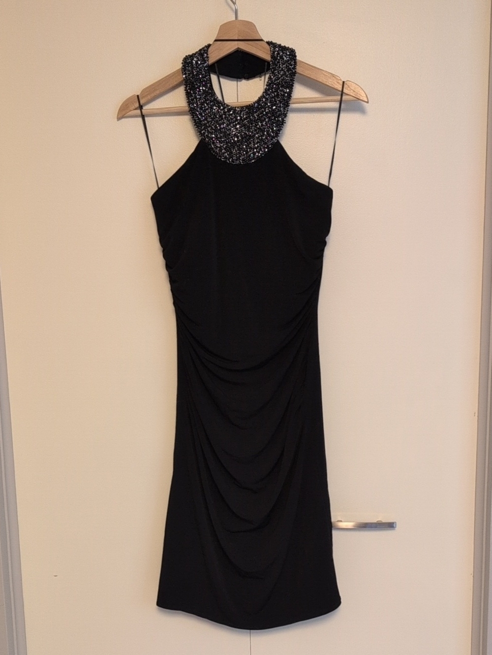 Sleeveless Black Halter Dress with Beaded Neckline